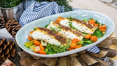 Halibut perfectly baked in one pan on a bed of harissa spiced chickpeas and carrots and topped with pickled onions and fresh herbs. Chadwick Boyd - Cumin Crusted Halibut & Pan Braised ...