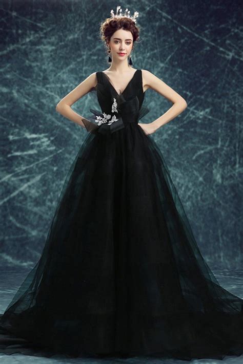 Ball Gown V Neck Backless Black Tulle Gothic Wedding Dress