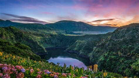 Portugal Azores Flower Lake Mountain Under Blue And Purple Cloudy Sky