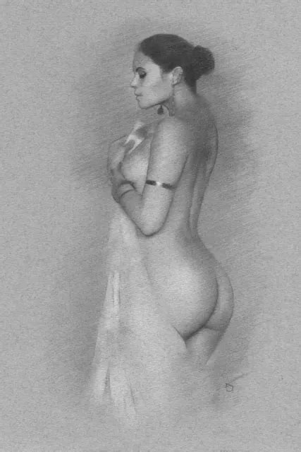 Nude Female Original Drawing Charcoal Chalk Fine Art Naked Woman Girl