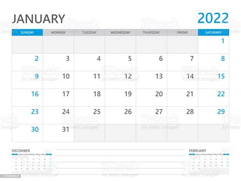 Januari 2022 Jaar Kalenderplanner 2022 En Set Van 12 Maanden Week Start