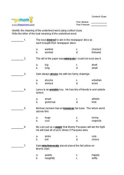 Teach Child How To Read Context Clues Printable Worksheets Middle School