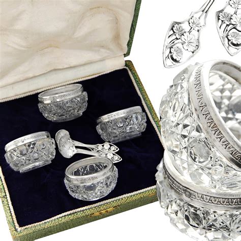Antique Sterling Silver Mounted Crystal Open Salt Cellars And Spoons Antiques Silver Salt Cellar
