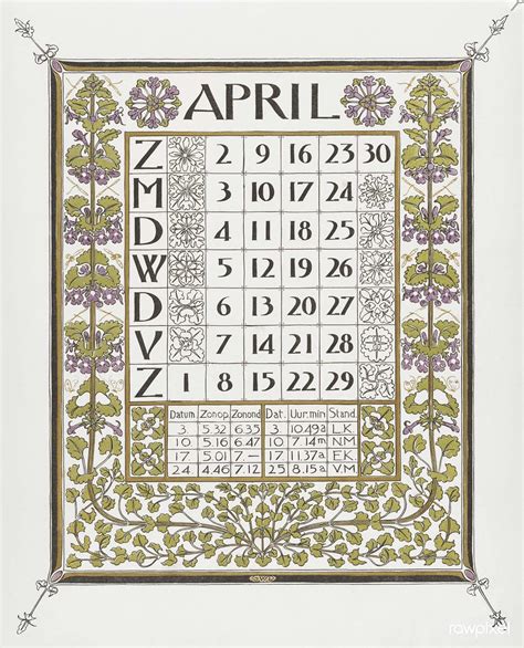 Calendar For April 1899 1898 Print In High Resolution By Gerrit