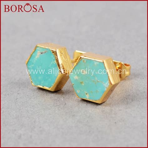 BOROSA 5Pairs Hexagon Shape Natural Turquoises Stud Earring Fashion