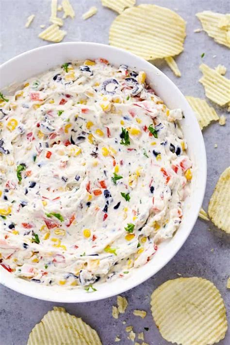 1 red pepper 2 jalapenos (unseeded) 1 can of corn 1/2 can diced olives 16 oz cream cheese (softened) 1 packet hidden valley ranch dip seasoning mix. Loaded Creamy Ranch Dip (Poolside Dip) | The Recipe Critic
