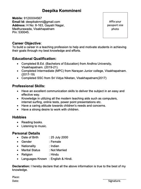 Resume Format For Fresher Teachers Margypuckett Blog