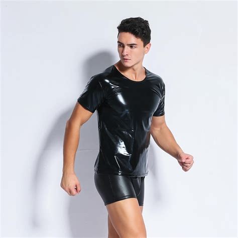 2018 Sexy Men Faux Leather T Shirts Male Fashion Undershirts Men Black