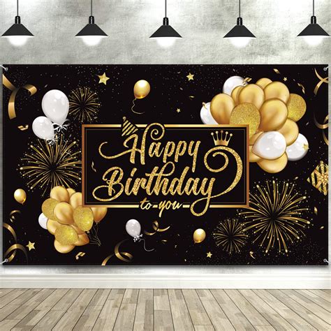 Buy Happy Birthday Backdrop Banner Large Black Gold Balloon Star Fireworks Party Sign Photo