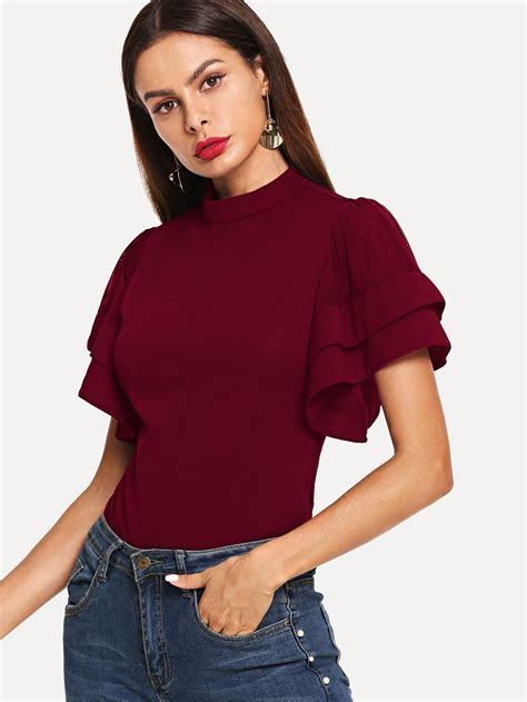 Download Layered Flutter Sleeve Mock Neck Top | Mock neck top, Tops ...