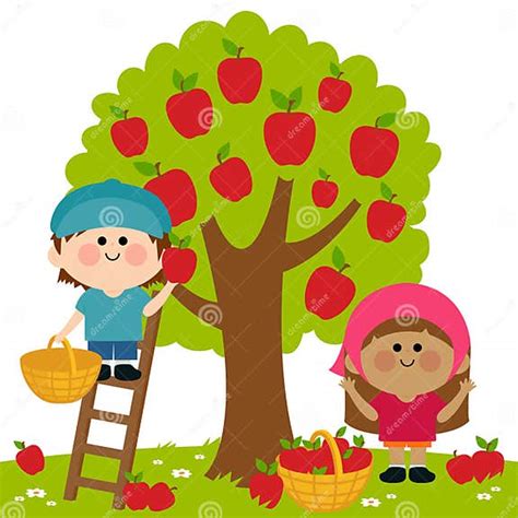 Children Picking Apples Under An Apple Tree Vector Illustration Stock