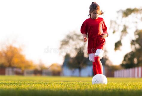 Little Girl Kicks Soccer Ball Stock Photo Image Of Goal Football