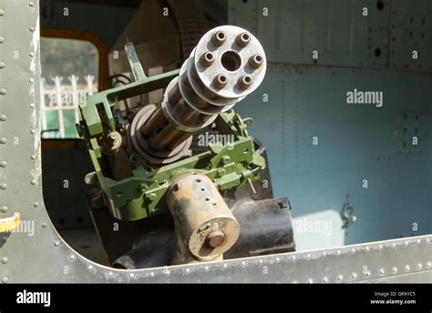 Chaingun In An Old American Helicopter Used In The Vietnam War Stock