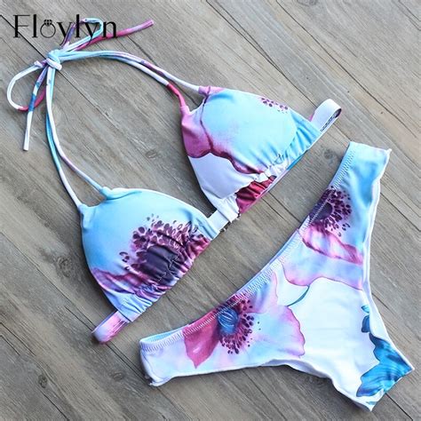 Floylyn Sexy Floral Print Swimwear Women Triangle Padded Push Up