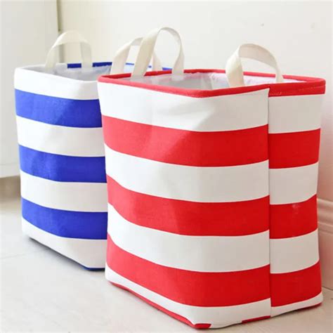 Striped Linen Cloth Folding Buckets Dirty Clothes Fabric Storage