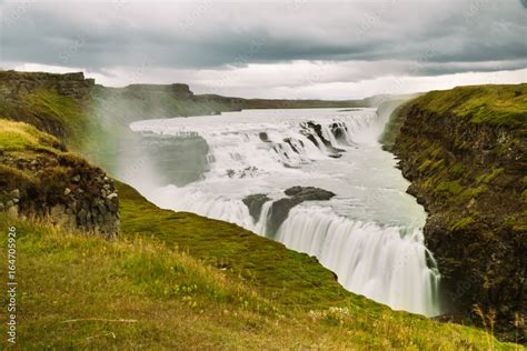 Gullfoss Waterfall In Golden Circle Popular Tourist Route In The Canyon