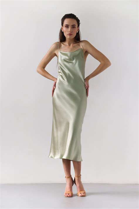 Silk Slip Dress Sage Green Dress Midi Bias Cut Cowl Neck Etsy