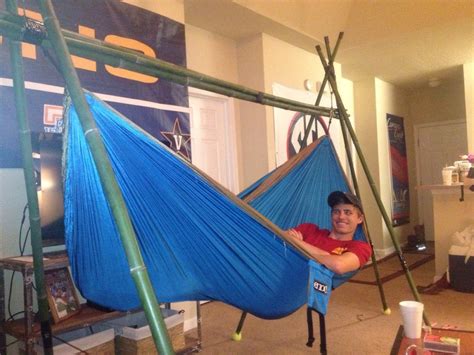This is very suitable for indoor use and works wonders for kids. portable tripod bamboo hammock stand - DIY