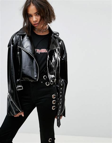 Asos Design Asos Faux Leather Biker Jacket In Vinyl With Shoulder Pads