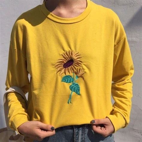 Yellow Sunflower Embroidered Sweatshirt Aesthetic Soft Grunge Tumblr