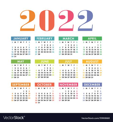 Calendar 2022 Year English Colorful Square Wall Vector Image