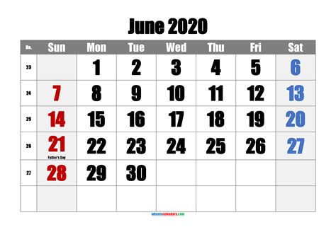 June 2020 Printable Calendar With Holidays