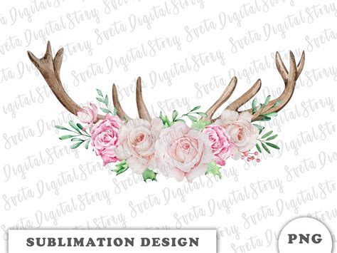 Watercolor Floral Deer Antlers Sublimation Design Antlers Etsy