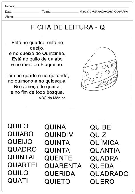 Ficha De Leitura Letra Q Queijo Escola Educação