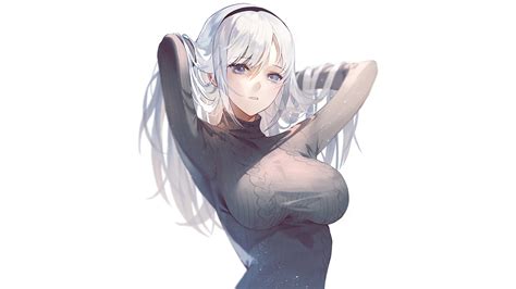 Fajyobore Silver Hair Long Hair Aqua Eyes Anime Head Band Sweater Anime Girls Big Boobs