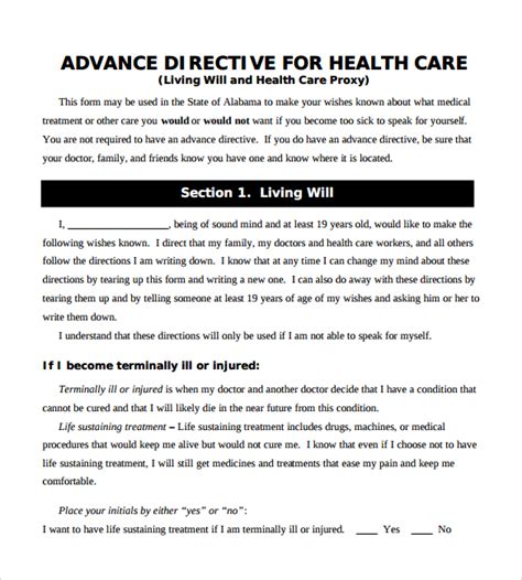 10 Advance Directive Forms Samples Examples And Format Sample Templates