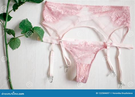 Pink Lingerie Set With Stocking Suspender Lace Underwear O Stock Image