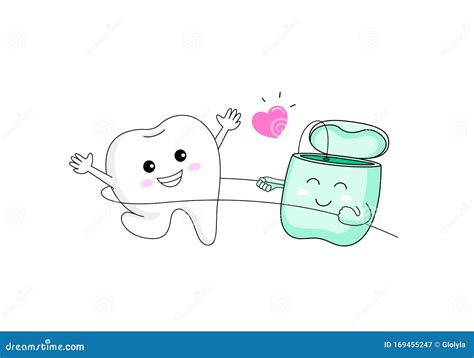Cute Cartoon Tooth Character Using Dental Floss Stock Vector Illustration Of Graphic Clinic