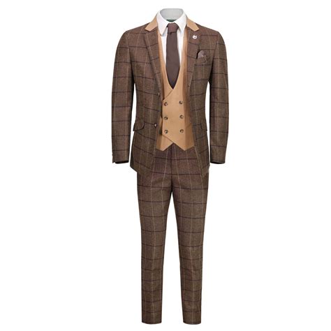 Mens Classic 3 Piece Tweed Suit Herringbone Check Smart Retro Tailored