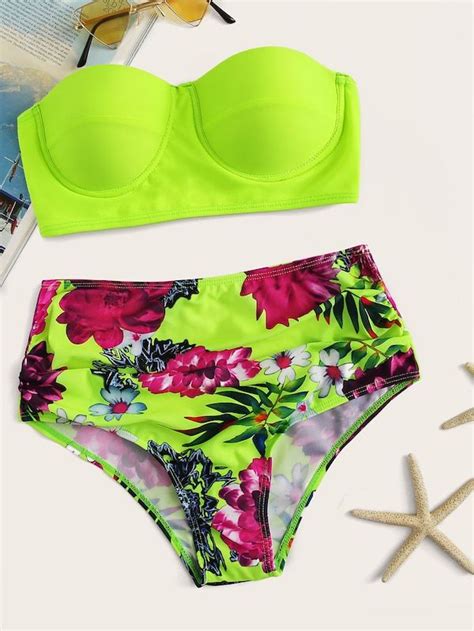 Neon Lime Bandeau With Floral High Waisted Bikini High Waisted Bikini