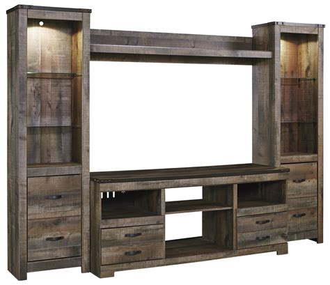 Signature Design By Ashley Trinell Rustic Large Tv Stand And 2 Tall Piers
