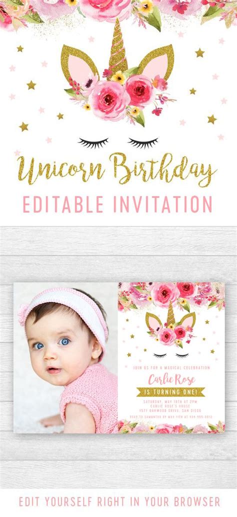 free birthday party invitation photo template unicorn