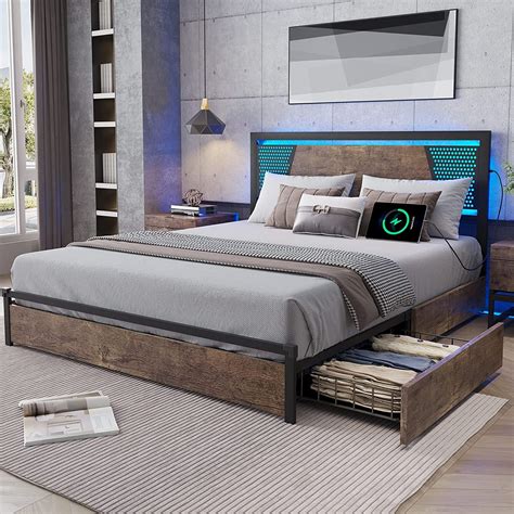 Dictac Full Led Bed Frame With 4 Storage Drawers And Led Headboard