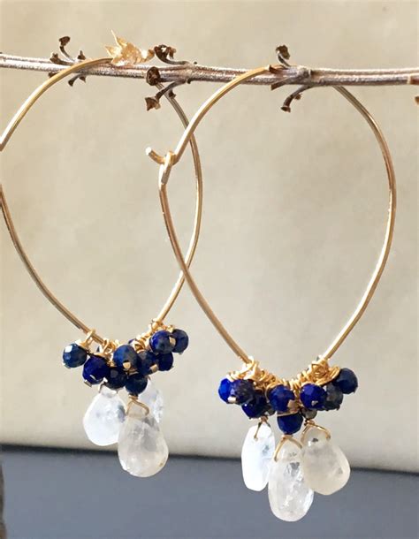 Gemstone Hoops Gold Filled Hoops Moonstone And Lapis Lazuli Earrings
