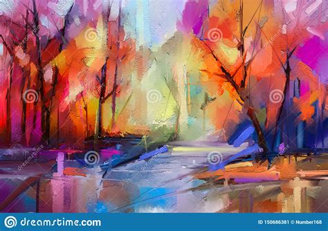 Oil Painting Colorful Autumn Trees Semi Abstract Image Of Forest
