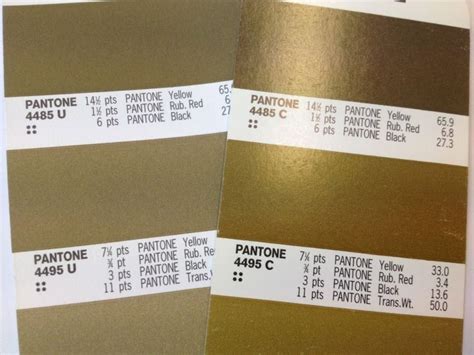 Spot color is a single color created by pantone and the most accurate representation of a color when printed. Pantone Gold printed on (RIGHT) C (coated stock) and U (LEFT) (uncoated stock). This is a normal ...