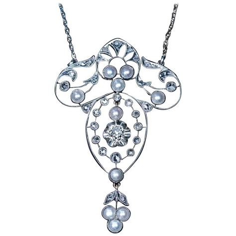 Edwardian Diamond Platinum Pearl Pendant Necklace Victorian Circa 1900