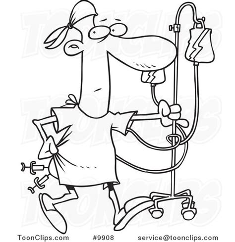 Cartoon Black And White Line Drawing Of A Hospital Patient With Needles