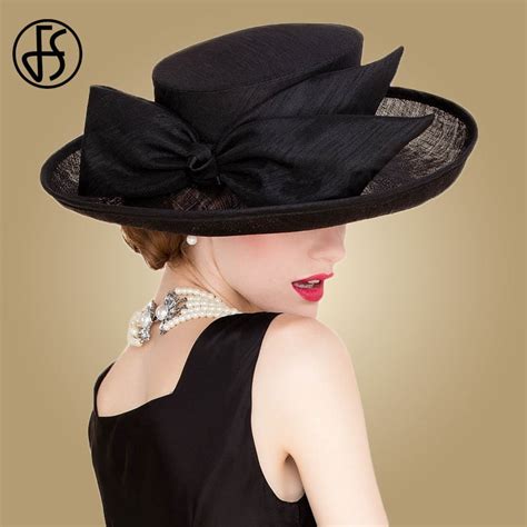 Fs Royal Black Wedding Hats For Women Elegant Linen Fedora Ladies Sinamay Hat Large Wide Brim