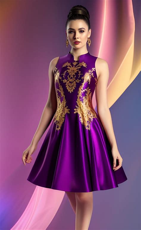 A Woman Wearing A Purple Dress With Gold Designs On The Front And Back