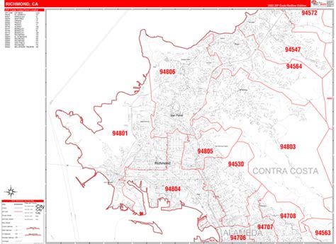 Richmond California Zip Code Wall Map Red Line Style By Marketmaps