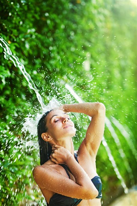 Woman Having Shower Under Tropical Waterfall Stock Image Image Of