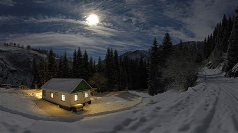 Nature Landscape Night Moon Moonlight Mountain Winter Snow