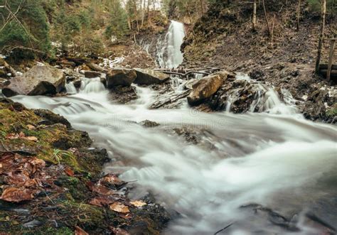Fast Mountain River With Stones And Waterfall In The Forest Stock