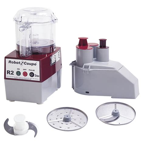 (0) robot coupe combination food processor r2n includes motor base unit, continuous feed attachment, discharge plate, one 5/32 (4mm) slicing disc, one 5/64 (2mm) medium grating disc and 3 qt. Robot Coupe 3 qt R2N Food Processor For Canada - 8 3/4"L x ...