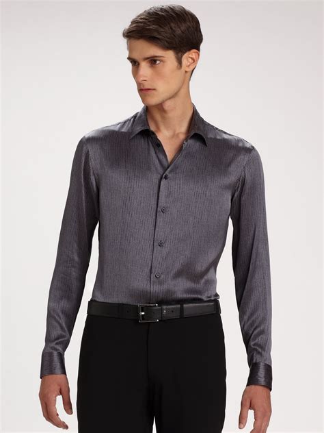 lyst armani striped silk shirt in gray for men